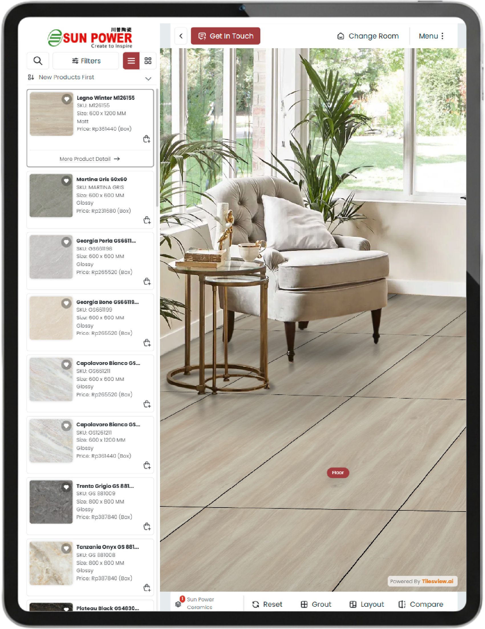 Room visualizer displayed on a tablet